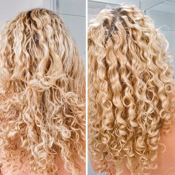 Kreyòl Essence Stop-Shed & Boost Volume haircare bundle showing before and after results on hair.