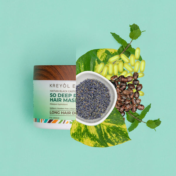 Kreyol Essence Haitian Black Castor Oil hair repair mask ingredients in a jar, promoting hair growth and reducing shedding.